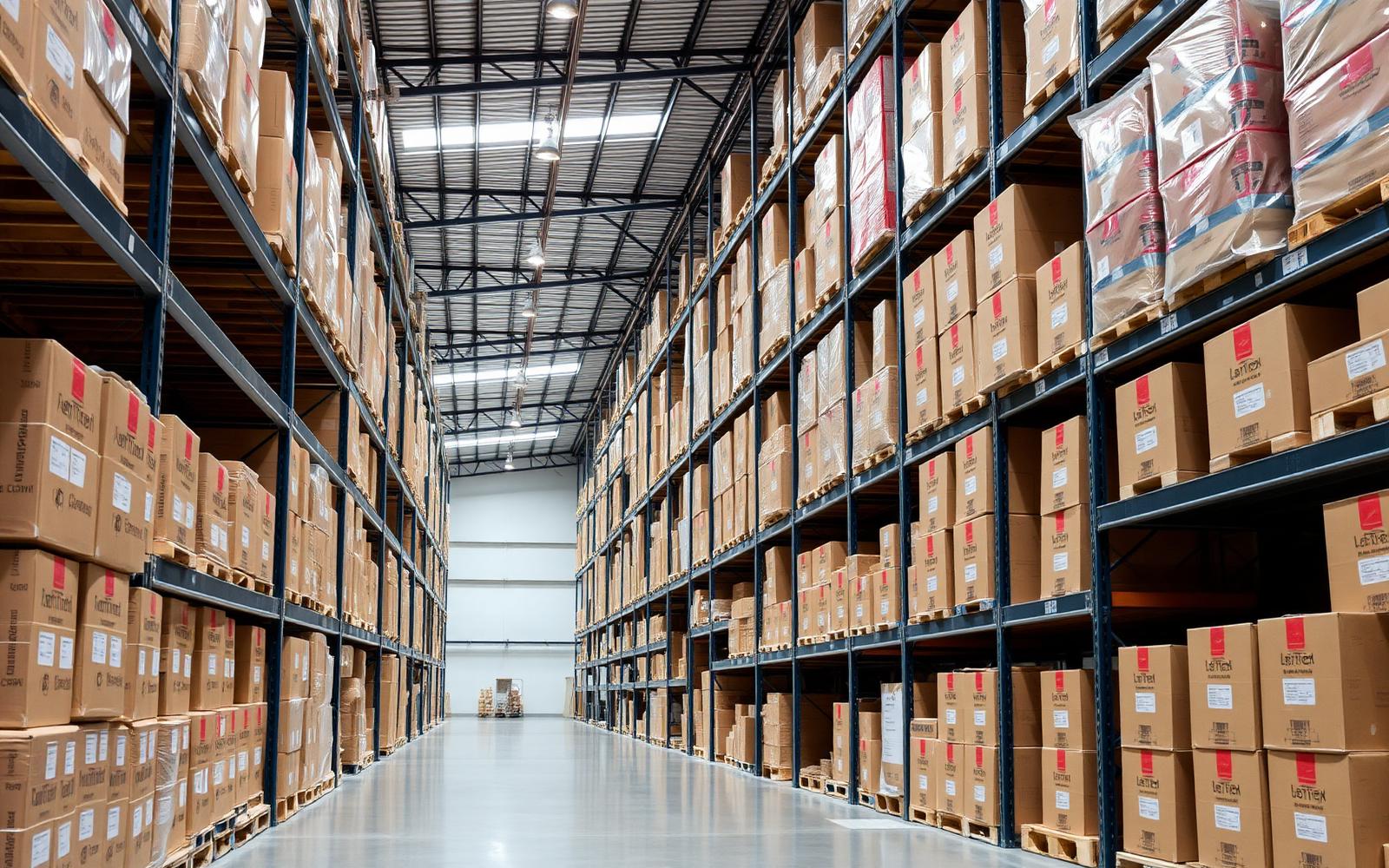 Warehouse aisle with stacked cartons